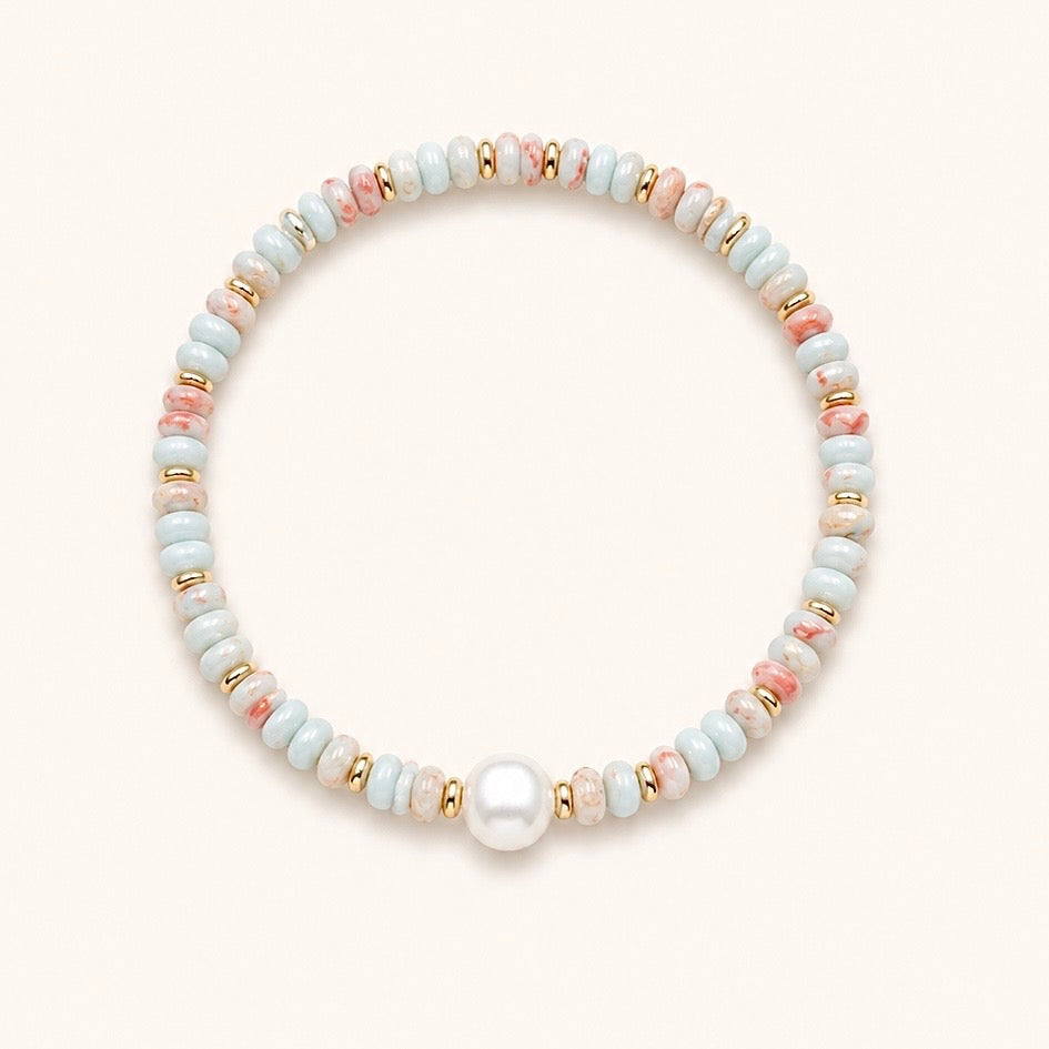 Blue Bead And Pearl Elastic Bracelet