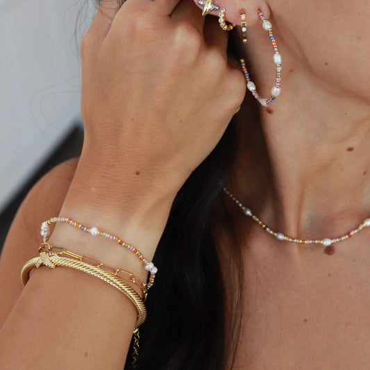 Melon Bead And Pearl Elastic Bracelet