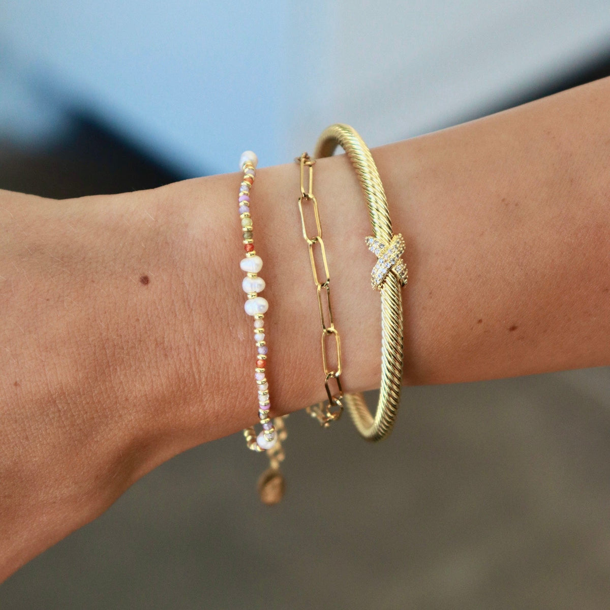 Melon Bead And Pearl Elastic Bracelet