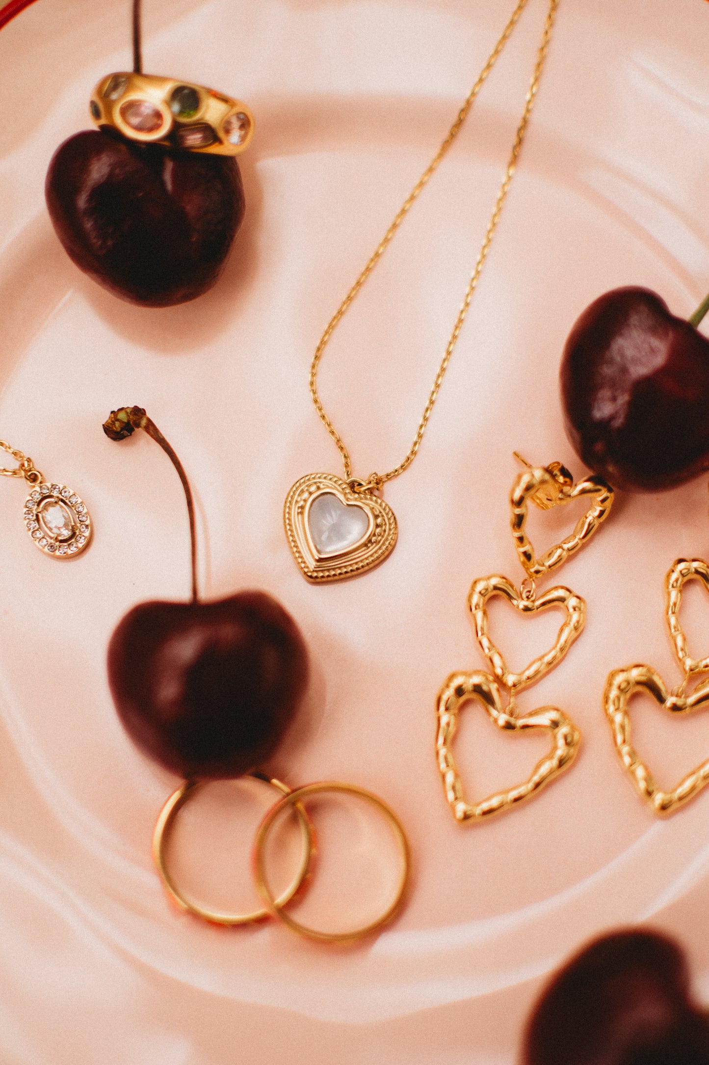 Triple Heart Drop Earrings- Gold