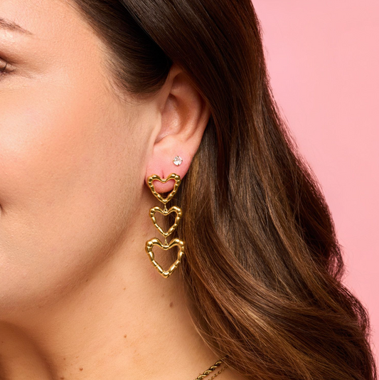 Triple Heart Drop Earrings- Gold