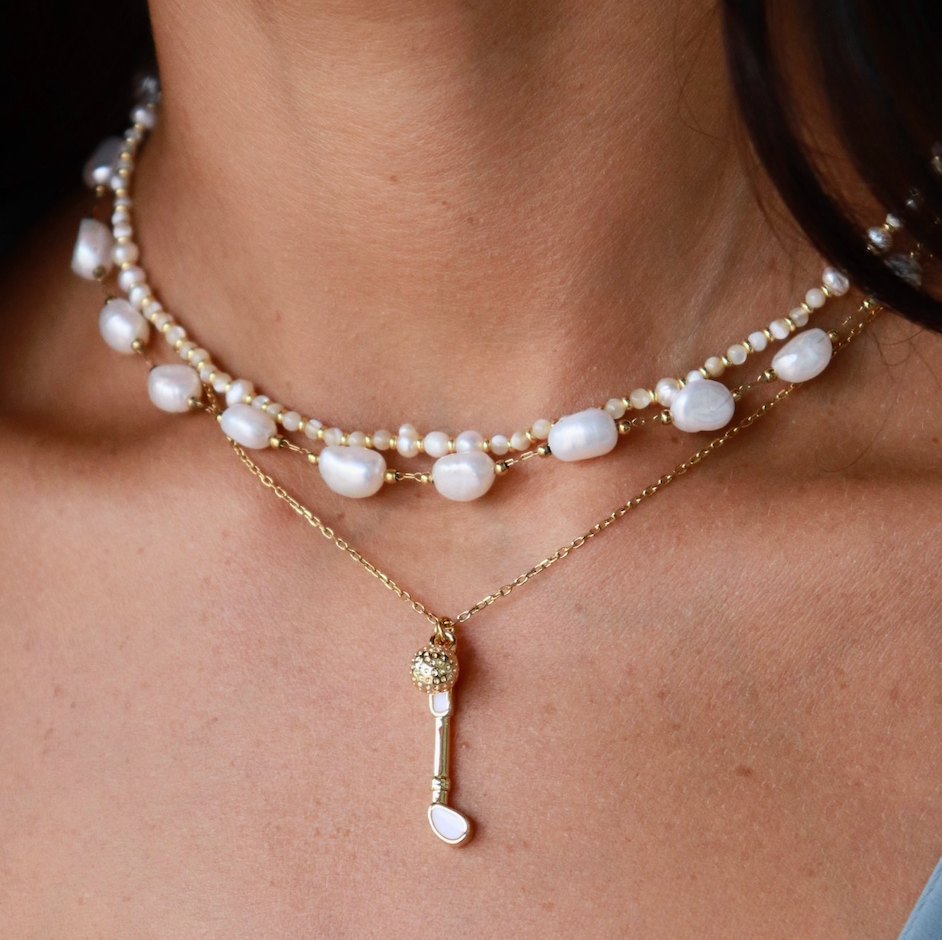 Gold Golf Ball & White Club Necklace
