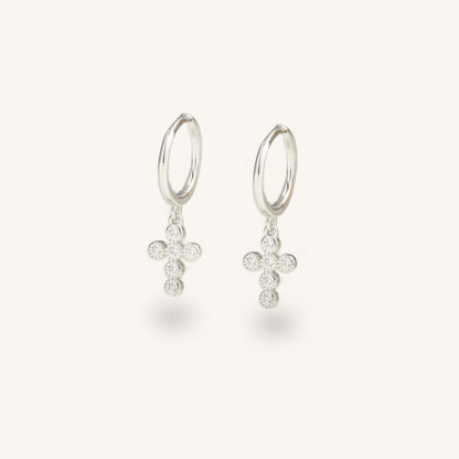 Crystal Cross Huggies- Silver