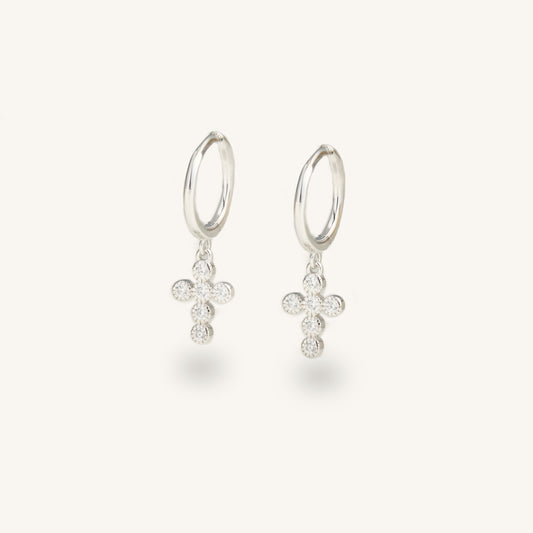 Crystal Cross Huggies- Silver