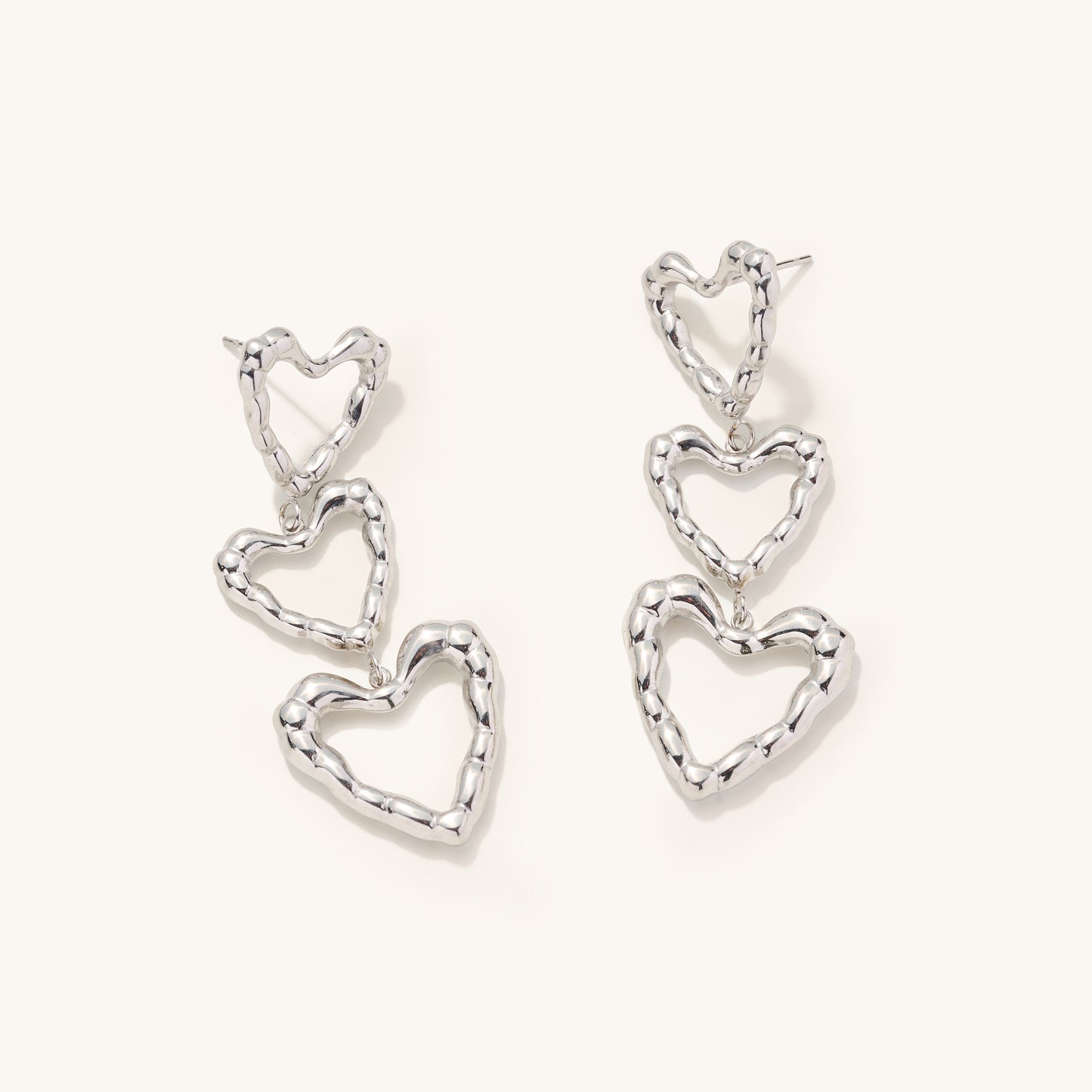 Triple Heart Drop Earrings- Silver