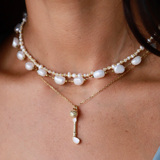 Gold Golf Ball & White Club Necklace