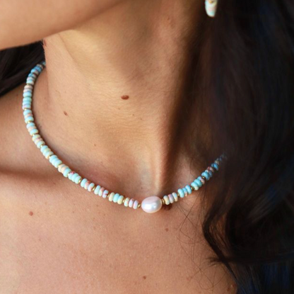 Blue Bead And Pearl Necklace