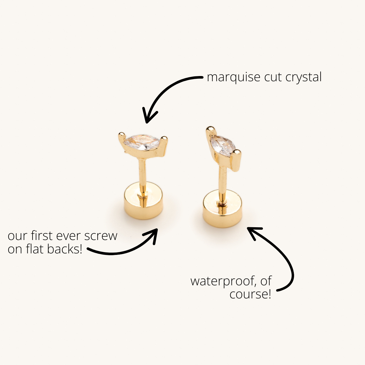 Flat Back Gold Marquise Crystal Studs